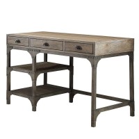 Benjara Wooden Storage Desk With Metal Legs, Brown And Gray,