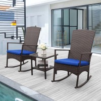 Outdoor Pe Wicker Rocking Chair 3-Piece Patio Rattan Bistro Set 2 Rocker Armchair And Glass Coffee Side Table Furniture, Washable Lacing Cushion (Royal Blue)