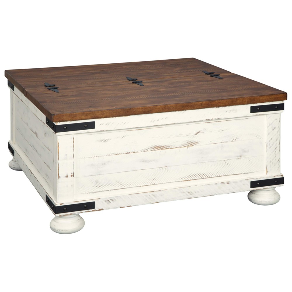Signature Design By Ashley Wystfield Farmhouse Square Storage Coffee Table With Hinged Lift Top, Distressed White
