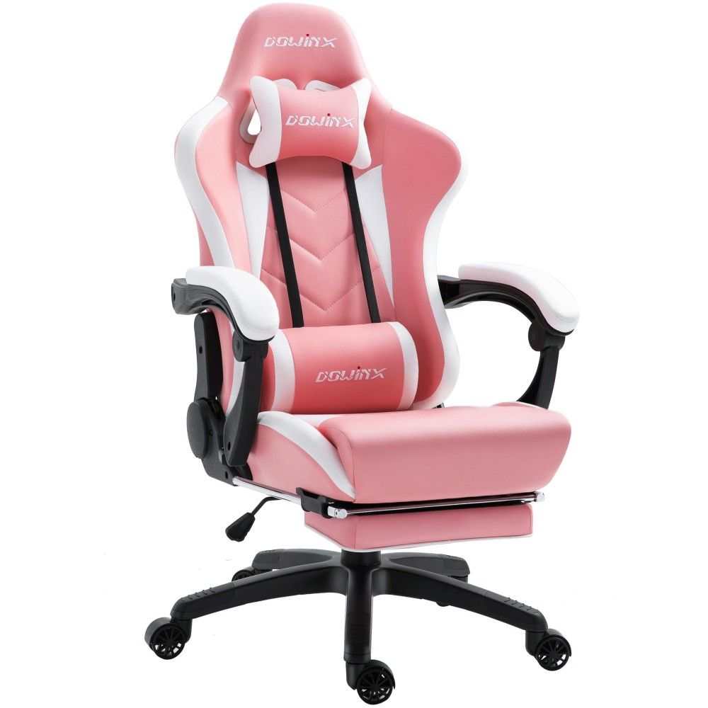 Dowinx Gaming Chair Ergonomic Racing Style Recliner With Massage Lumbar Support, Office Armchair For Computer Pu Leather E-Sports Gamer Chairs With Retractable Footrest (White&Pink)
