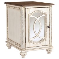 Signature Design By Ashley Realyn Farmhouse Chair Side End Table With Cabinet For Storage, Antique White & Brown
