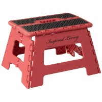 Inspired Living 9 Step Stool, Folding Step Stools For Adults, Plastic Foldable Step Stools Kids, Holds Up To 330 Lbs, Collapsible Folding Stool For Kitchen, Bathroom, Bedroom - Red