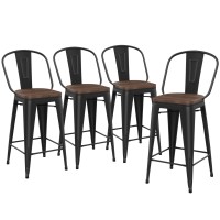 Yongqiang 26 Inch Bar Stools Set Of 4 High Back Metal Kitchen Counter Height Chairs Barstools With Wooden Seat Industrial Matte Black