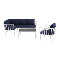 Modway Riverside 6 Piece Aluminum Patio Sectional Set In White And Navy