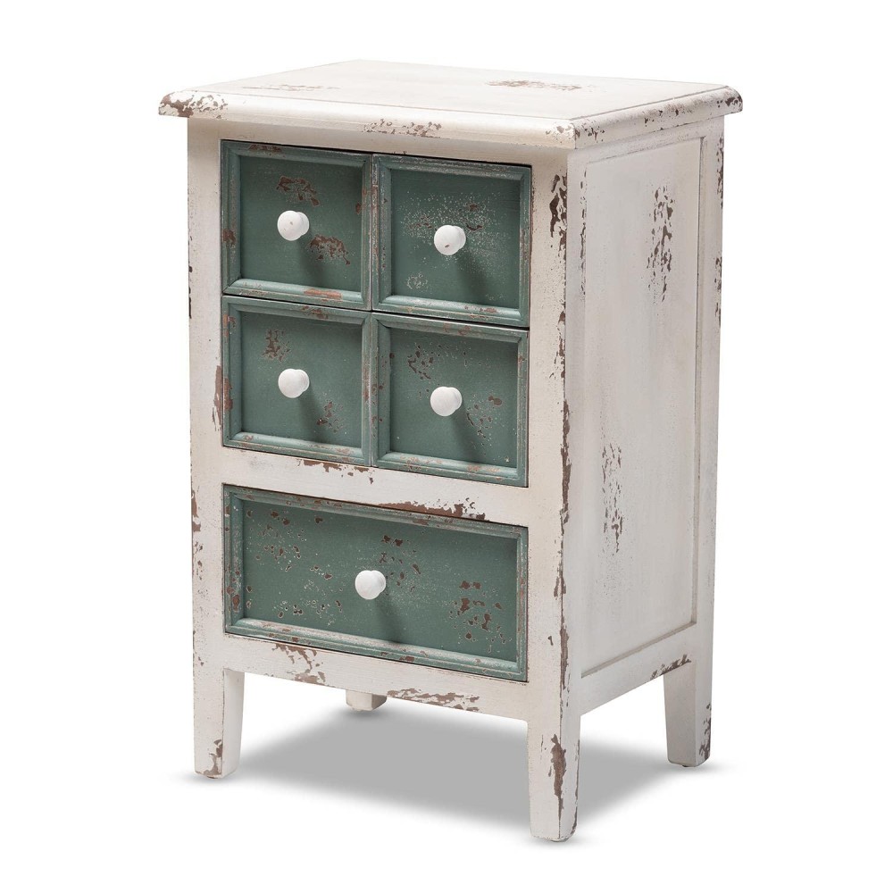 Baxton Studio Angeline Farmhouse 5-Drawer Wood End Table In White And Teal