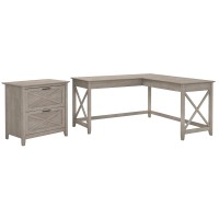 Bush Furniture Key West 60W L Shaped Desk With Lateral File Cabinet In Washed Gray