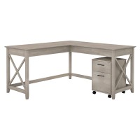 Bush Furniture Key West L Shaped Desk With 2 Drawer Mobile File Cabinet, 60W, Washed Gray