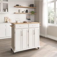 Belleze Modern Rolling Kitchen Island Utility Cart With Two Drawers, Storage Cabinets, Handle Towel Racks, Rubber Wood Top, And Caster Wheels - Baldy (White)