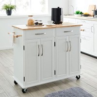 Belleze Modern Rolling Kitchen Island Utility Cart With Two Drawers, Storage Cabinets, Handle Towel Racks, Rubber Wood Top, And Caster Wheels - Baldy (White)