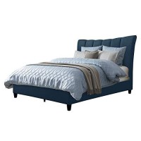 Corliving Navy Blue Fabric Vertical Channel-Tufted Bed Frame - Doublefull