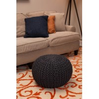 Birdrock Home Round Pouf Foot Stool Ottoman - Knit Bean Bag Floor Chair - Cotton Braided Cord - Great For The Living Room, Bedroom And Kids Room - Small Furniture (Charcoal Grey)