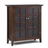 Simplihome Acadian Solid Wood 39 Inch Wide Transitional Medium Storage Cabinet In Natural Aged Brown, With 2 Tempered Glass Doors, 4 Adjustable Shelves