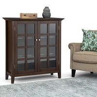 Simplihome Acadian Solid Wood 39 Inch Wide Transitional Medium Storage Cabinet In Natural Aged Brown, With 2 Tempered Glass Doors, 4 Adjustable Shelves