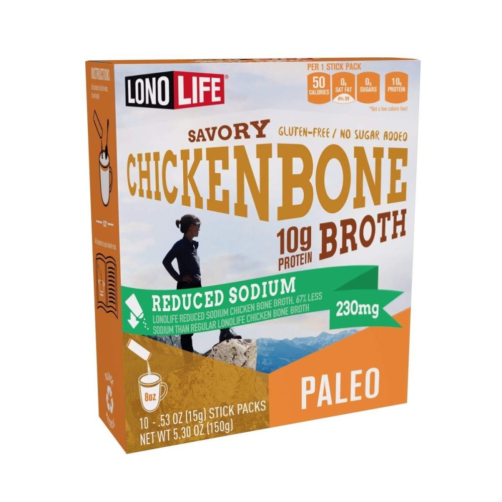 Lonolife - Reduced Sodium Chicken Bone Broth Sticks - 10G Collagen Protein - Gluten-Free - Keto & Paleo Friendly - Portable Individual Packets - 10 Count