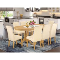 9Pc Oval Dining Room Table With Linen Beige Fabric Parson Chairs With Oak Chair Legs