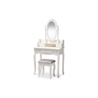 Baxton Studio Veronique Traditional French Provincial White Finished Wood 2-Piece Vanity Table With Mirror And Ottoman