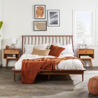 Walker Edison Mid Century Modern Solid Wood Spindle Platform Bed Headboard Footboard Bed Frame Bedroom, Queen, Walnut