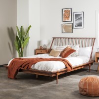 Walker Edison Mid Century Modern Solid Wood Spindle Platform Bed Headboard Footboard Bed Frame Bedroom, Queen, Walnut