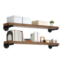 Ten49 Industrial Pipe Wood Wall Shelf - 36 Espresso Real Wooden Shelving - Modern Interior Decor Floating Shelves W/ Iron Pipe Brackets - Rustic Farmhouse Style Bookshelf - Set Of 2