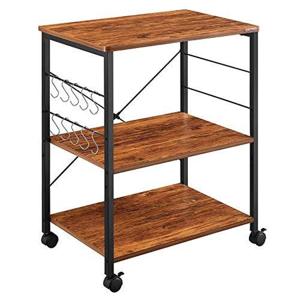 Mr Ironstone Kitchen Microwave Cart 3-Tier Kitchen Utility Cart Vintage Rolling Bakers Rack With 10 Hooks For Living Room Decoration
