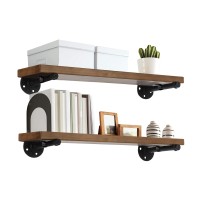 Ten49 Industrial Pipe Wood Wall Shelf - 24 Espresso Real Wooden Shelving - Modern Interior Decor Floating Shelves W/ Iron Pipe Brackets - Rustic Farmhouse Style Bookshelf - Set Of 2