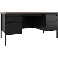 Hirsh 30X60 Double Pedestal Metal Desk With T-Mold Top Black/Walnut