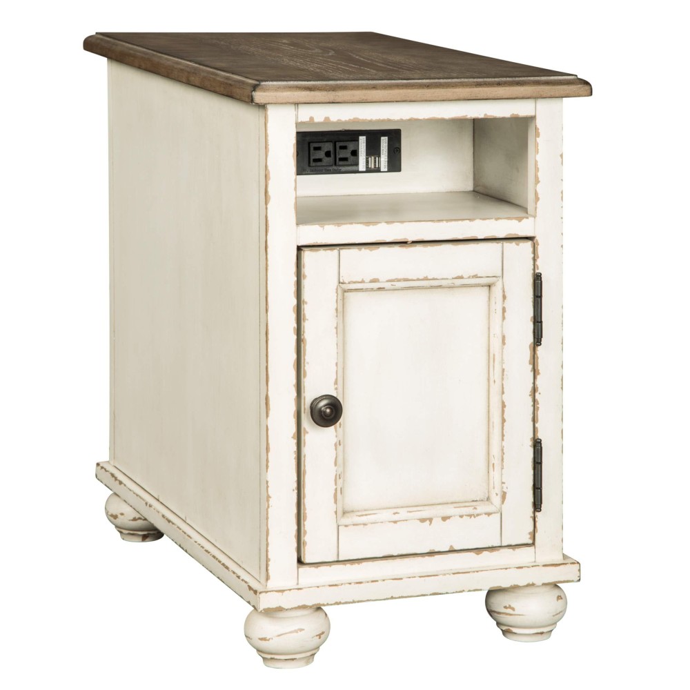 Signature Design By Ashley Realyn French Country Chair Side End Table With Outlets & Usb Ports, Cream Antique White