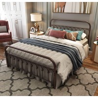 Tuseer Metal Bed Frame Queen Size With Vintage Headboard And Footboard Platform Base Wrought Iron Double Bed Frame (Queen, Antique Brown)