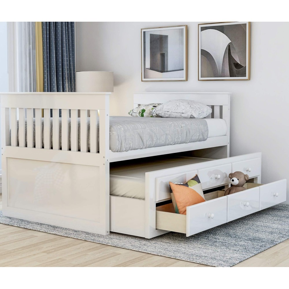 Rhomtree Twin Captainas Bed Storage Daybed With Trundle And Drawers For Kids Guests (White)