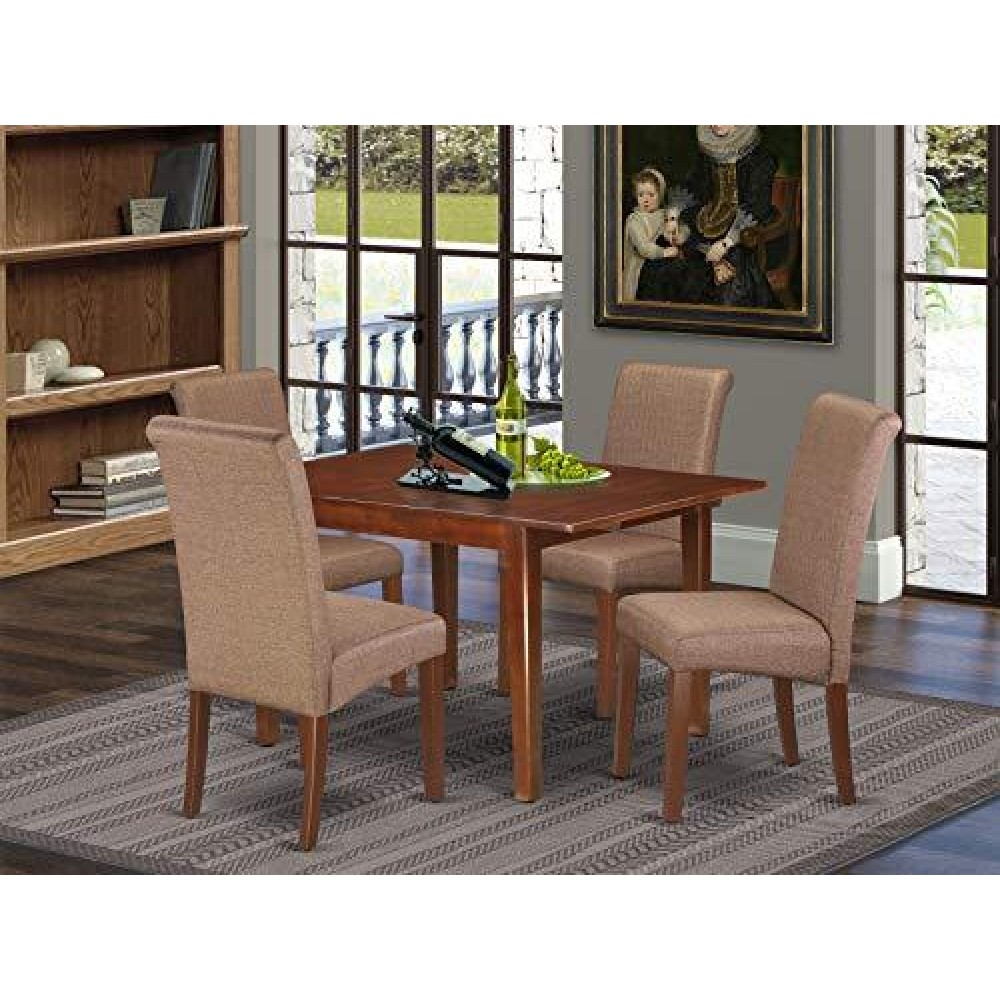 5Pc Kitchen Table With Linen Brown Fabric Dining Chairs With Mahogany Chair Legs