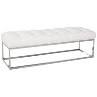 Cortesi Home Biago Stainless Steel Contemporary Oversize Tufted Bench In Faux Leather, 60, Snow White
