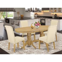 5Pc Oval Kitchen Table With Linen Beige Fabric Dining Chairs With Oak Chair Legs