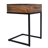 The Urban Port Mango Wood Side Table With Drawer And Cantilever Iron Base, Brown And Black