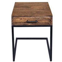 The Urban Port Mango Wood Side Table With Drawer And Cantilever Iron Base, Brown And Black