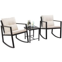 Flamaker Patio Chairs 3 Piece Wicker Rocking Chair Outdoor Bistro Sets With Coffee Table And Cushions Metal Frame Patio Furniture For Porch, Balcony, Lawn (White)