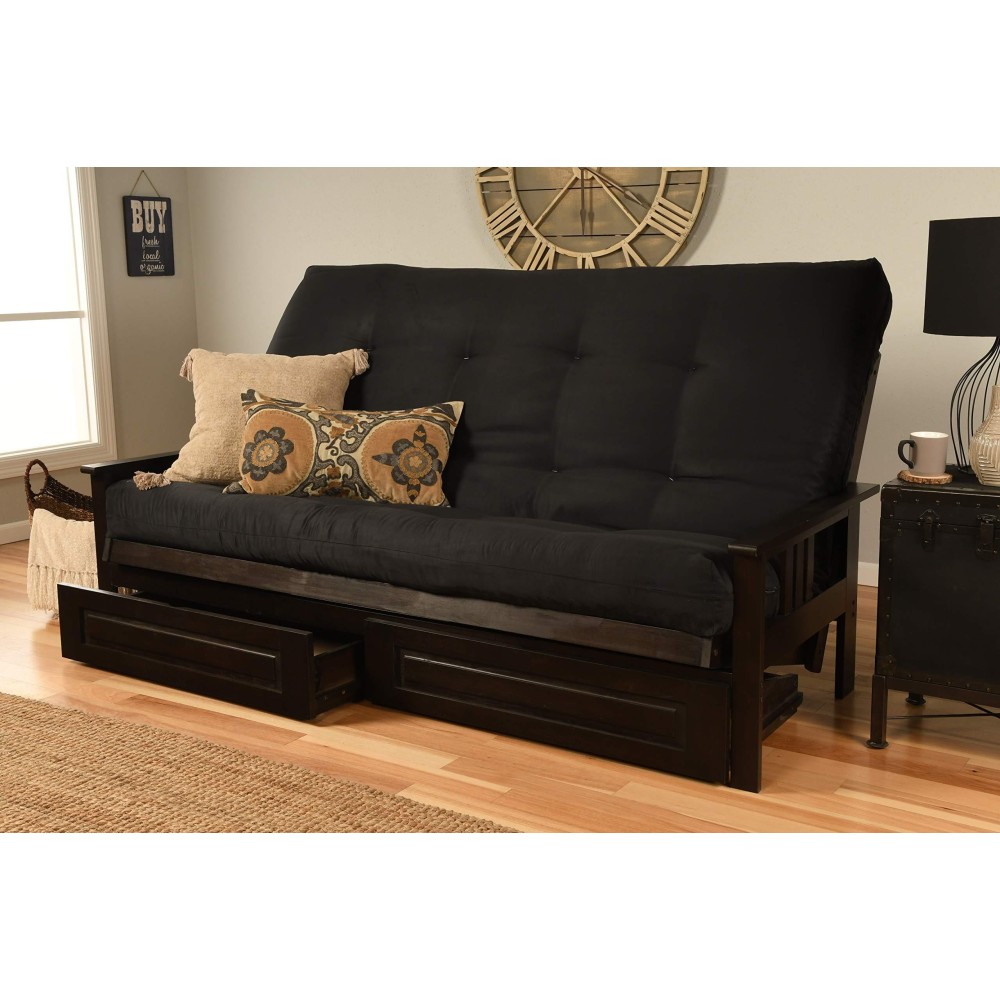 Kodiak Furniture Monterey Queen-Size Futon Storage Drawers Espresso Finish With Suede Black Mattress