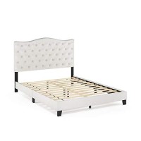 Furinno Lille Button Tufted Bed Frame, Queen, Beige
