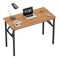 Need Small Computer Desk 31.5 Inches Folding Table No Assembly Sturdy Small Writing Desk Folding Desk For Small Spaces, Teak Color Desktop And Black Steel Frame