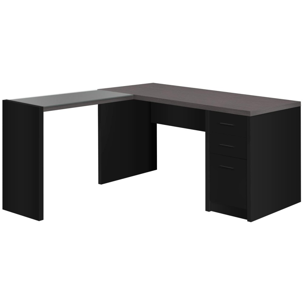 Monarch Specialties Workstation With Storage-Tempered Glass Top L Shaped Corner Desk With Drawers 60 L Black-Grey