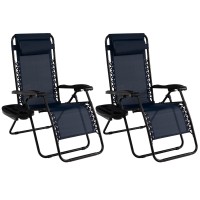 Goplus Zero Gravity Chair, Adjustable Folding Reclining Lounge Chair With Pillow And Cup Holder, Patio Lawn Recliner For Outdoor Pool Camp Yard (Set Of 2, Navy)