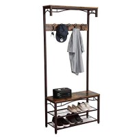 Benjara Metal Framed Coat Rack With Wooden Bench And Two Mesh Shelves, Brown And Black