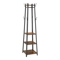 Benjara Metal Framed Ladder Style Coat Rack With Three Wooden Shelves, Brown And Black