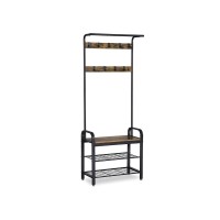 Benjara Metal And Wood Framed Coat Rack With Multiple Hooks And Storage Shelves, Brown And Black