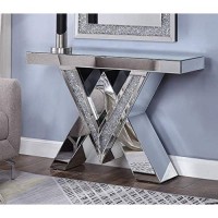 Benjara Wood And Mirror Console Table With Interlocking V Shape Base, Clear