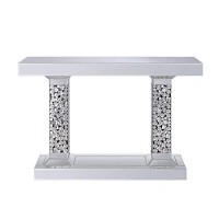 Benjara Wood And Mirror Console Table With Two Pedestal Base, Clear And Black