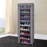 Shoes Rack With Cover, 10 Tier Shoes Organizer, Sneaker Rack With Dustproof Nonwoven Fabric Cover, Portable Shoe Rack Organizer , Fabric Shoes Rack Holds 27 Pairs, Shoe Storage Cover (Grey)