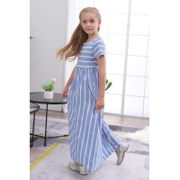 Gorlya Girl'S Short Sleeve Floral Print Loose Casual Holiday Long Maxi Dress With Pockets 4-12 Years (9-10Years/Height:140Cm, Blue Stripe)