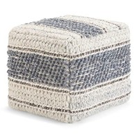 Simplihome Grady Square Pouf, Footstool, Upholstered In Blue, Natural Handloom Woven Wool And Cotton, For The Living Room, Bedroom And Kids Room, Boho, Contemporary, Modern