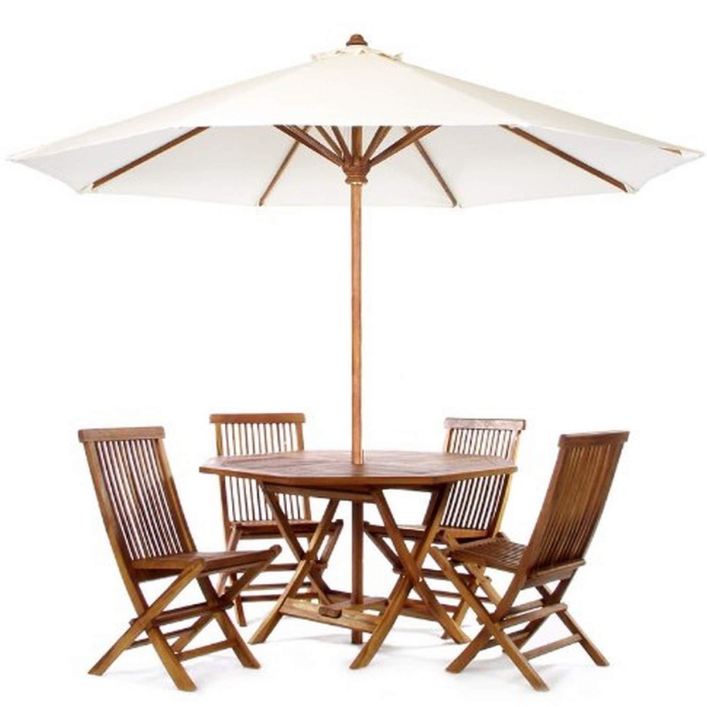 All Things Cedar Tt6P-O-G 6-Piece Teak Octagon Patio Table Folding Chair Set With Umbrella Green