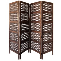 Benjara Decorative Four Panel Mango Wood Hinged Room Divider With Circular Cutout Design, Brown,